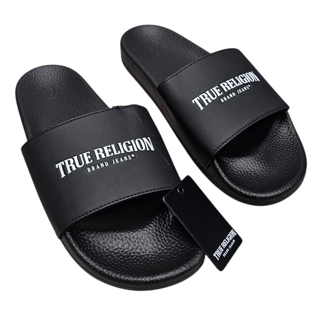 True Religion Slide Sandals Mens 14 Black Arch Logo Slip On Casual Athleisure